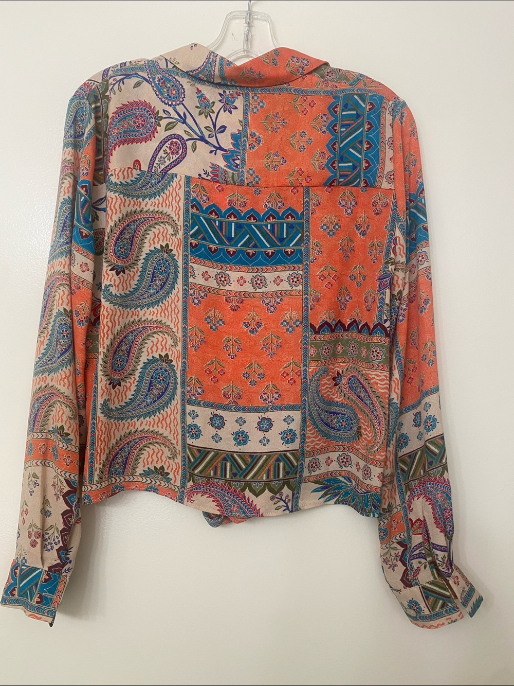 Rose & Olive Orange and Cream Paisley Tie-Front Button-Down Shirt - Picture 4 of 5